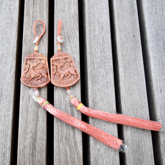 Pink Jade Flower Deer Bag Charm Keychain - Tassel Hanging Ornament