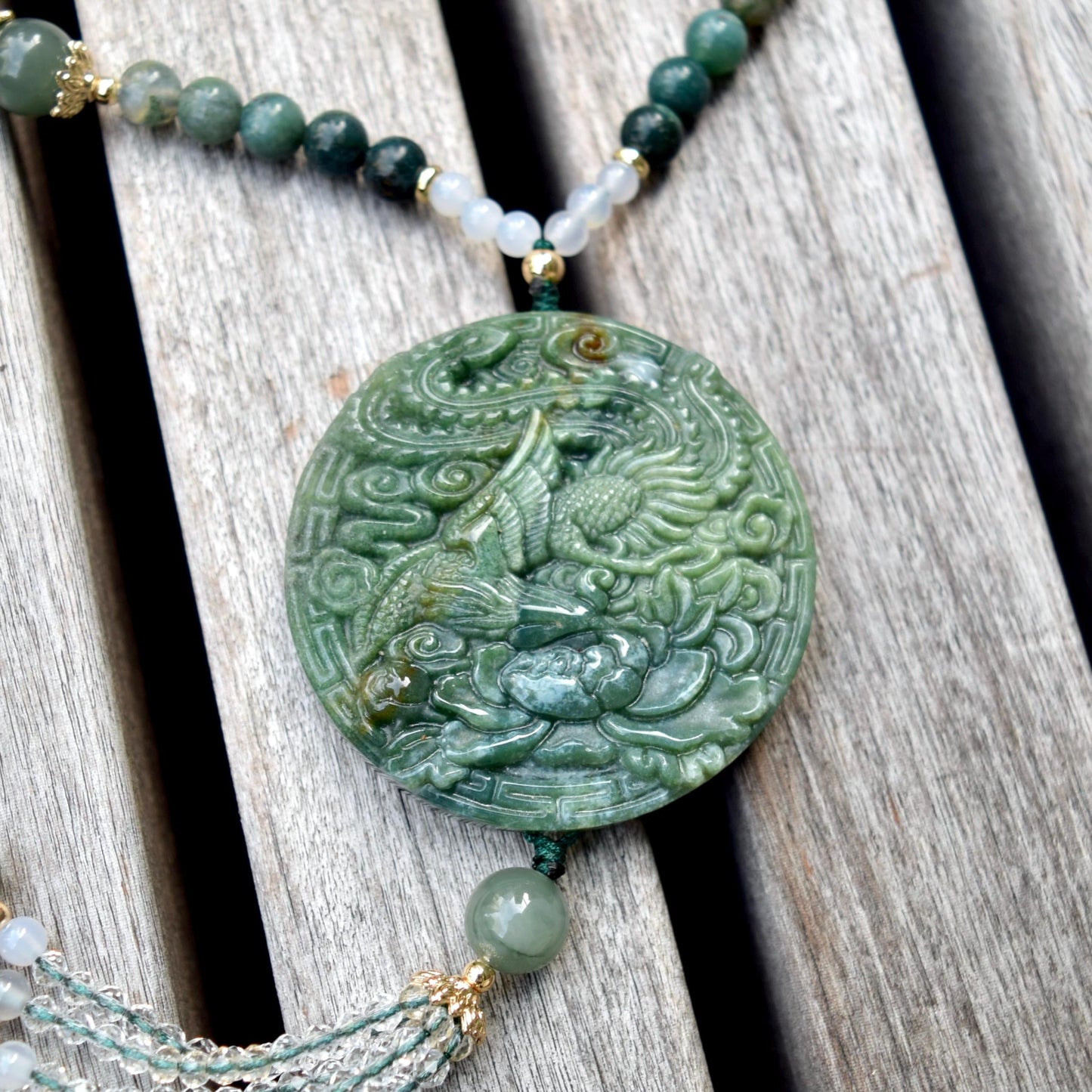 Green Flora Fan Phoenix Necklace - Ocean Jasper Long Necklace