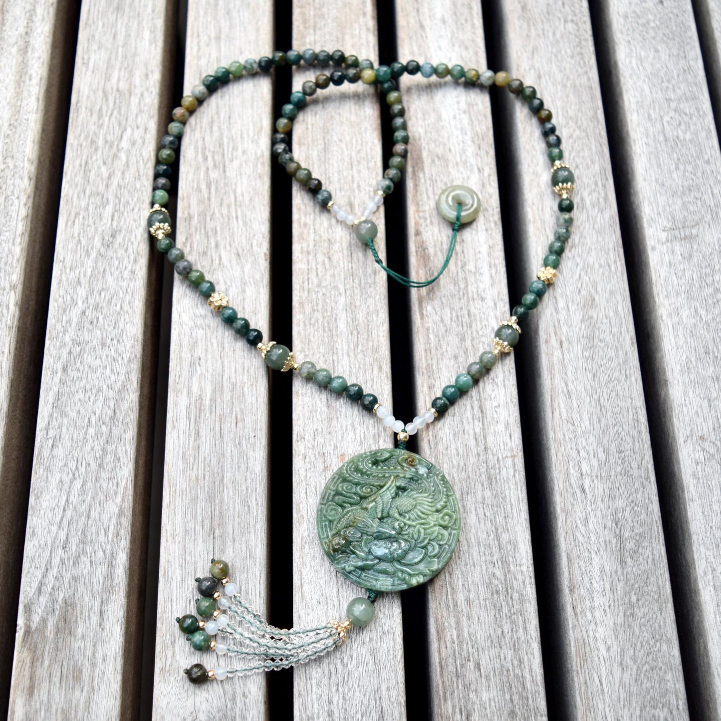 Green Flora Fan Phoenix Necklace - Ocean Jasper Long Necklace