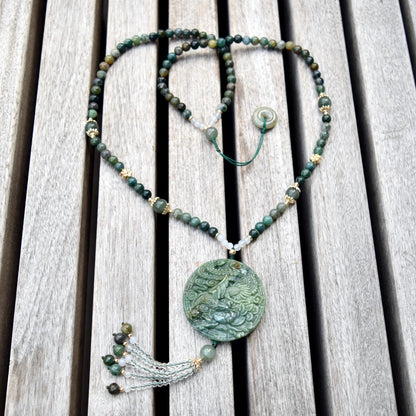 Green Flora Fan Phoenix Necklace - Ocean Jasper Long Necklace