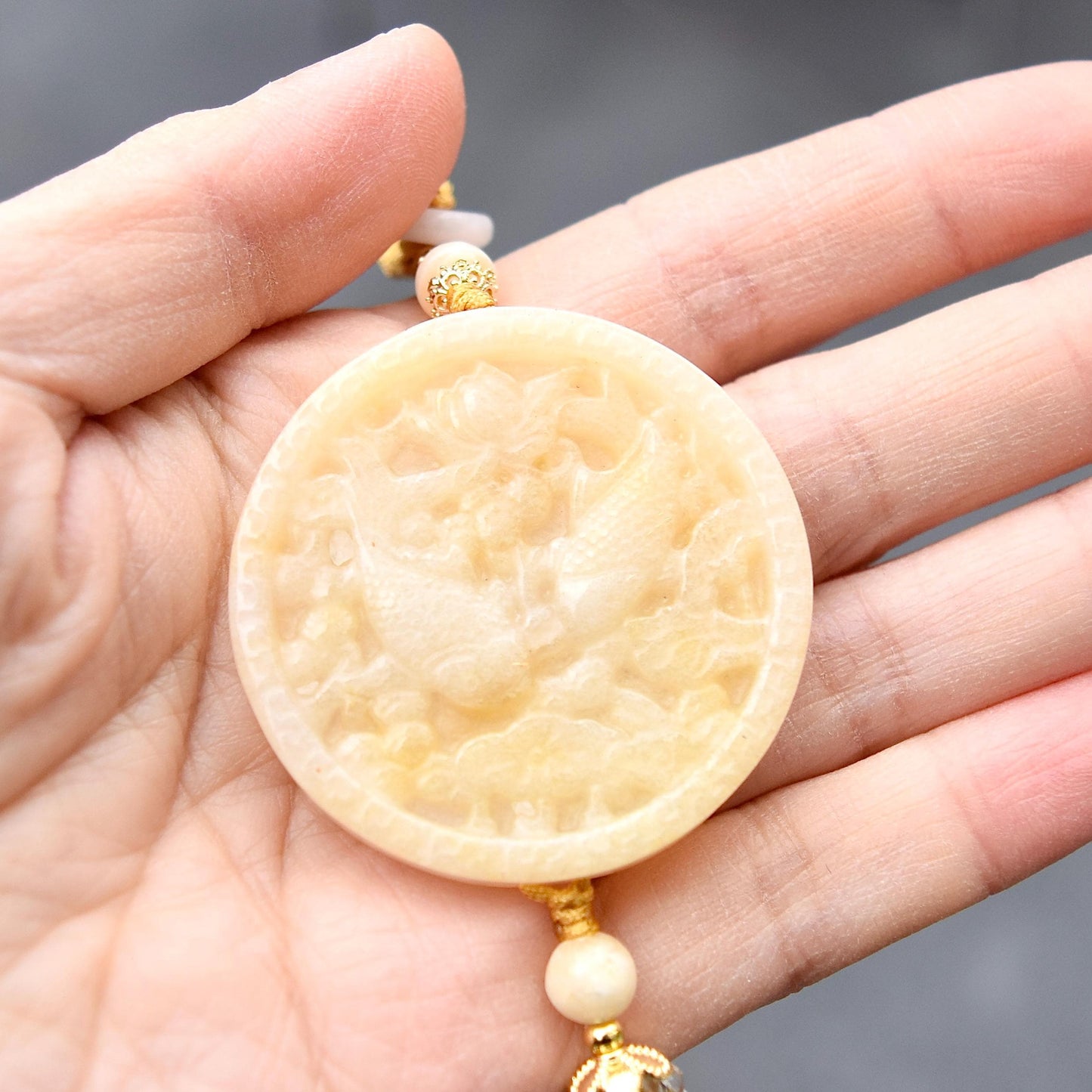 Yellow Lotus Fish Tassel Ornament - Chinese Jade Bag Charm