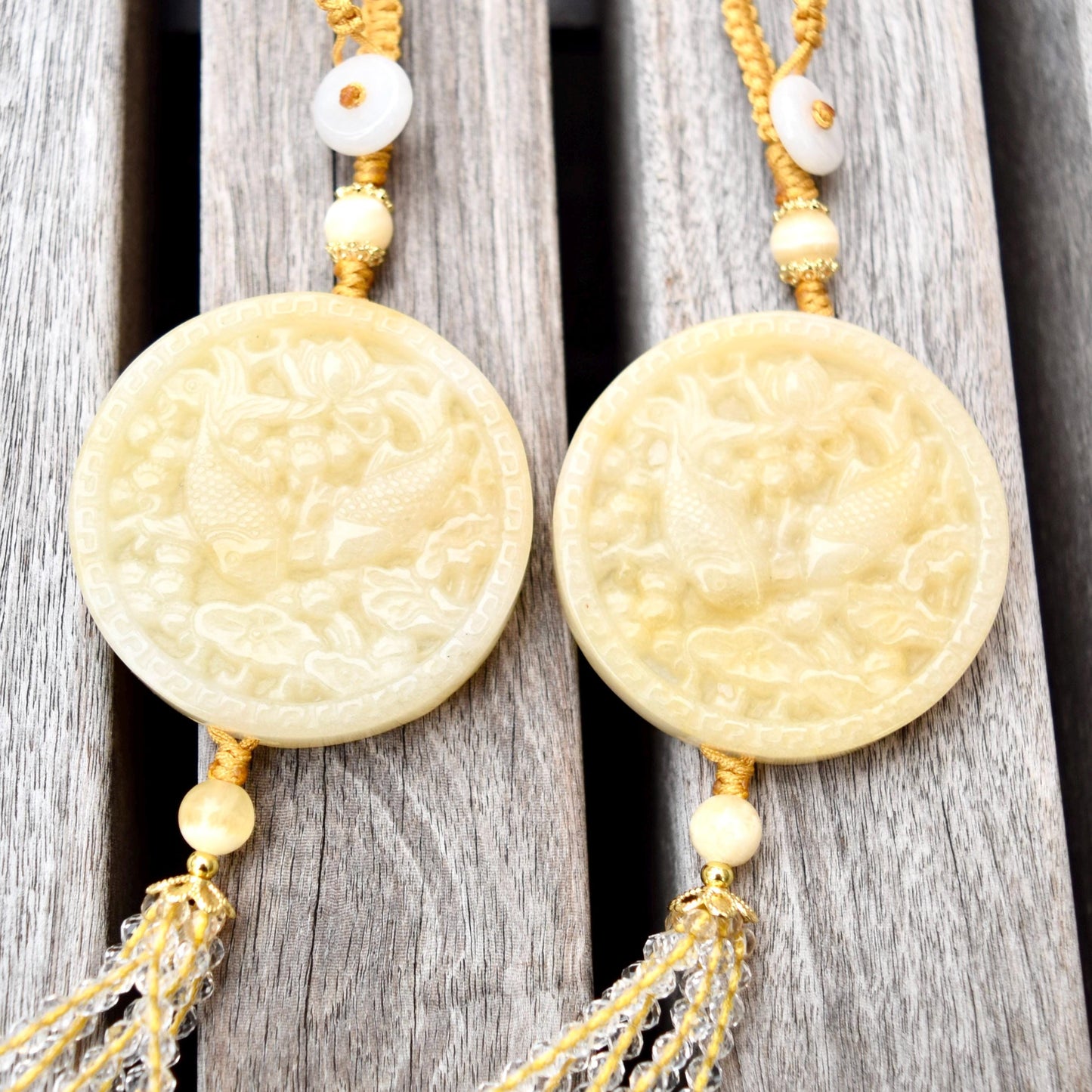 Yellow Lotus Fish Tassel Ornament - Chinese Jade Bag Charm