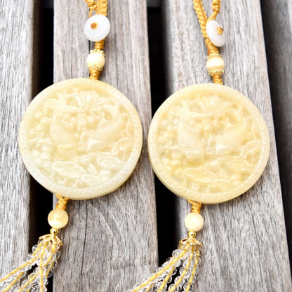 Yellow Lotus Fish Tassel Ornament - Chinese Jade Bag Charm