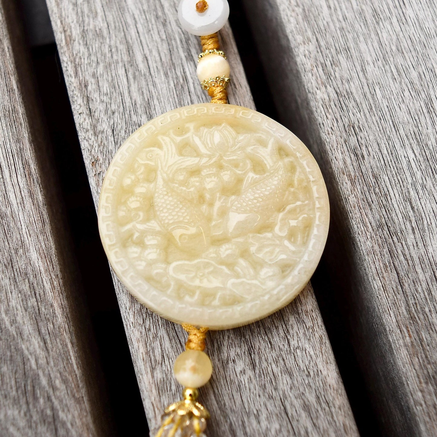 Yellow Lotus Fish Tassel Ornament - Chinese Jade Bag Charm