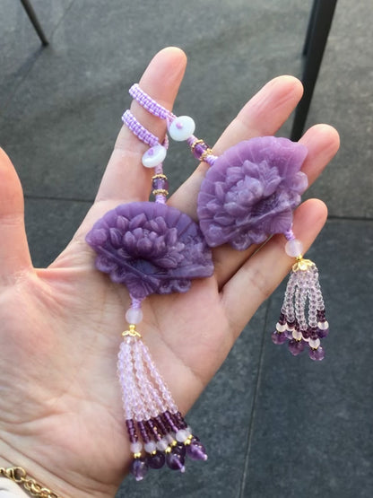 Purple Peony Fan Tassel Keychain Bag Charm - Lepidolite