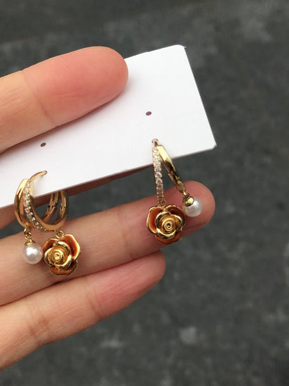 Drip Oil Brown Flower Pearl Circle Earrings